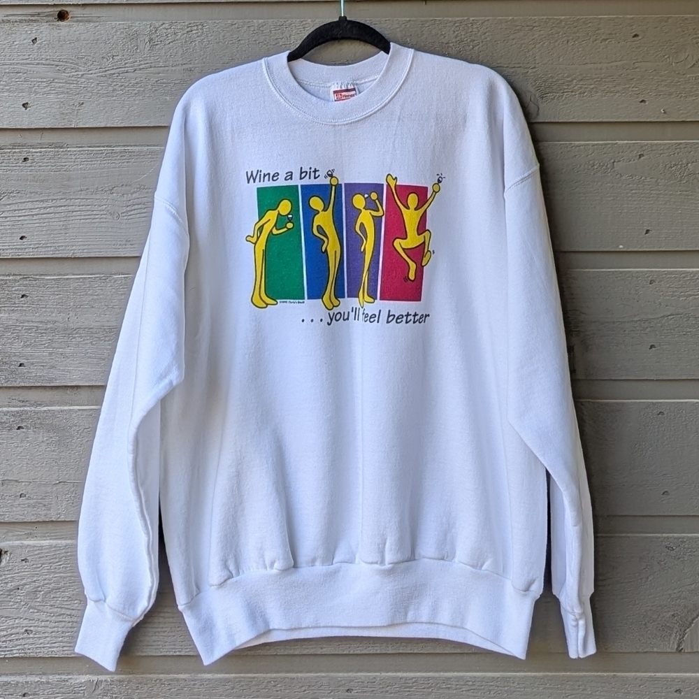 VTG 90s Hanes ComfortBlend Wine A Bit You'll Feel Better White Crew Sweatshirt